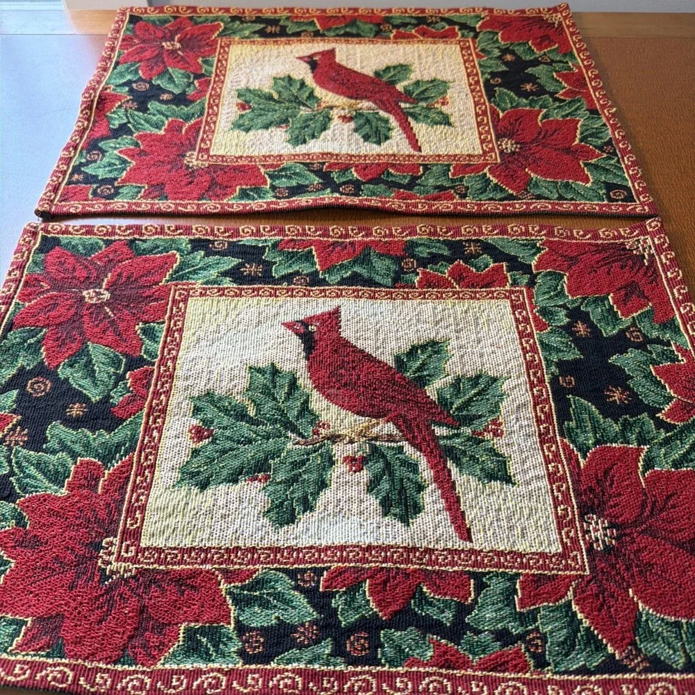 Vintage Christmas Tapestry Placemats Set Of 2 Holiday Cardinal Poinsettia Holly